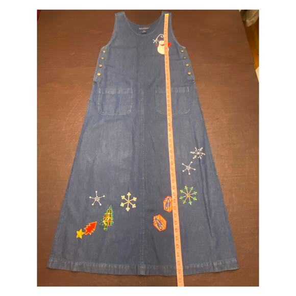 90s Vintage Jane Ashley Denim Jumper Dress Christmas Embroidered Snowman Teacher - Picture 4 of 10